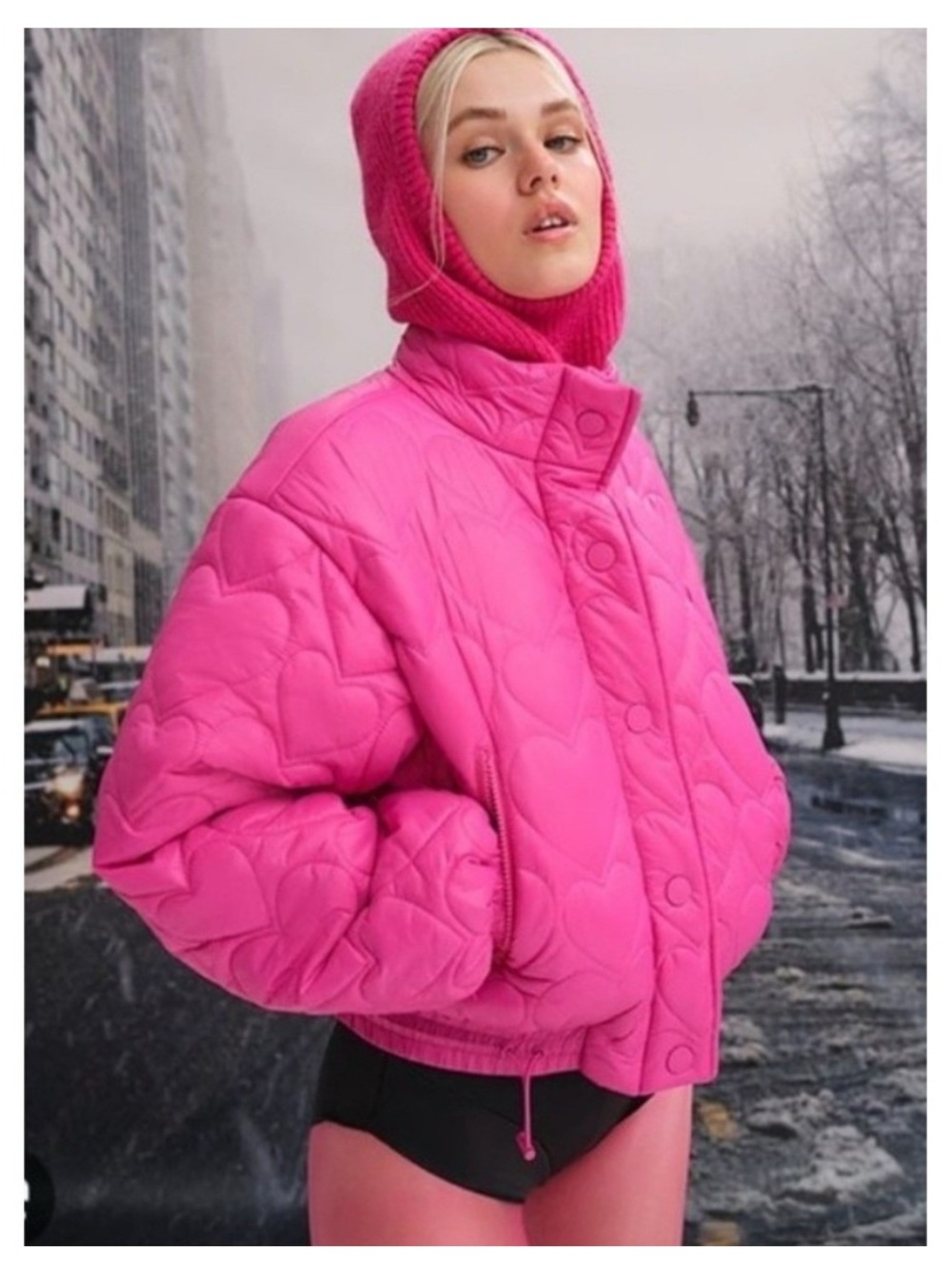 Women's For Love & Lemons Ichika Puffer Jacket Pink Hearts, Size XS, NWT